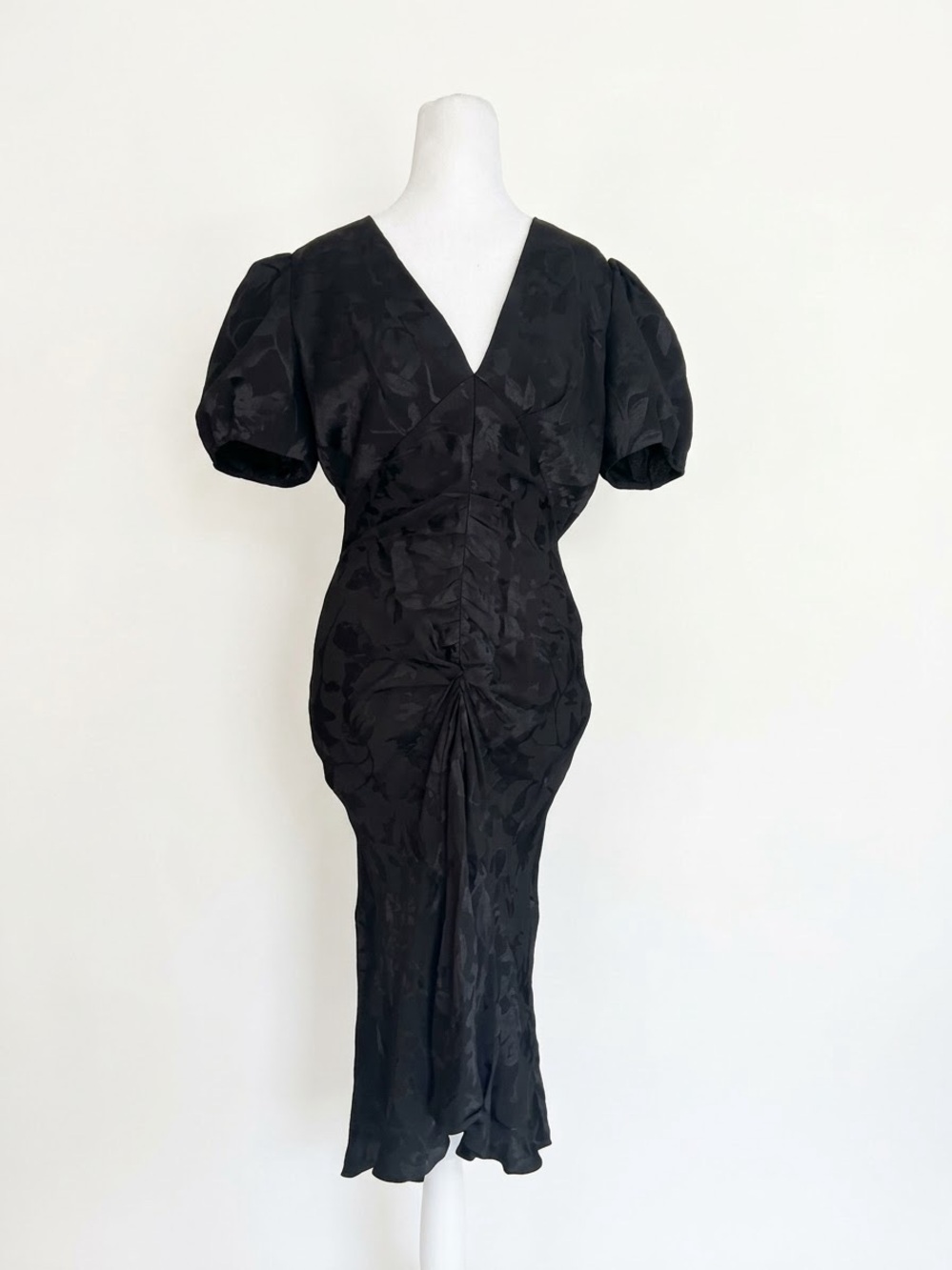 Sachin & Babi Black Floral Jacquard Midi Dress 6 Puff Sleeve Ruched V-Neck Gown